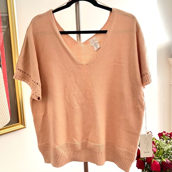 Joie Women's Cotton Peach Pink V-Neck Short Bat Sleeves Knit Sweater Size US XL - Picture 4 of 16